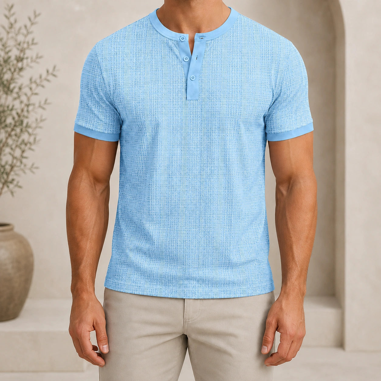 Mivanity Men's Relaxed Fit Retro Style Henley Linen T-Shirt
