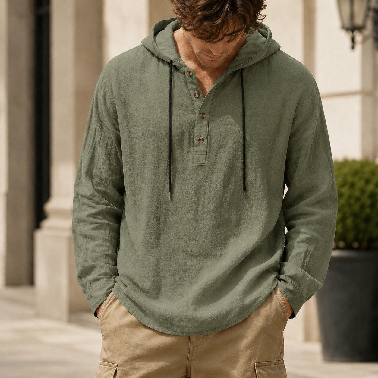 Mivanity Men's Relaxed Linen Hooded Henley Shirts