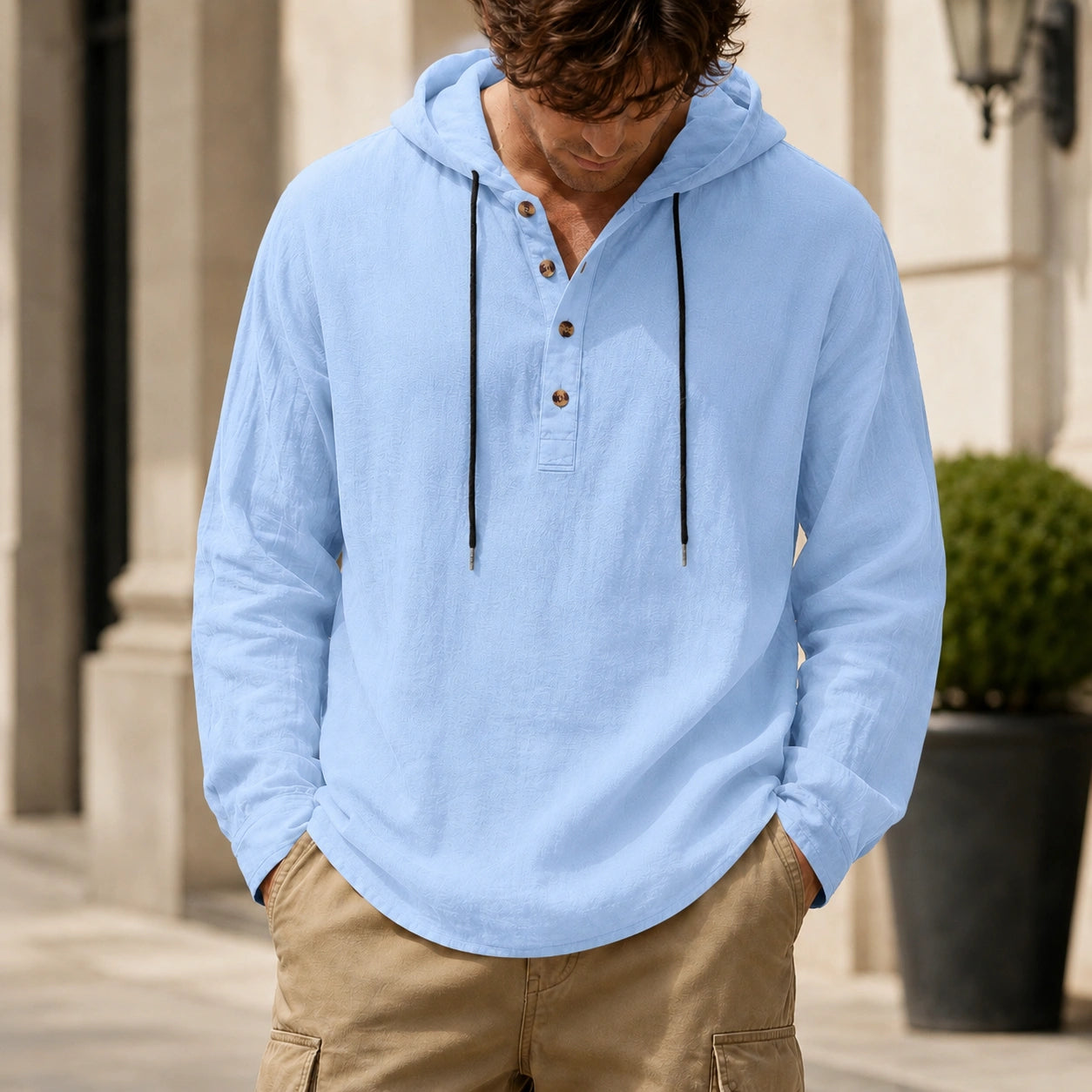 Mivanity Men's Relaxed Linen Hooded Henley Shirts