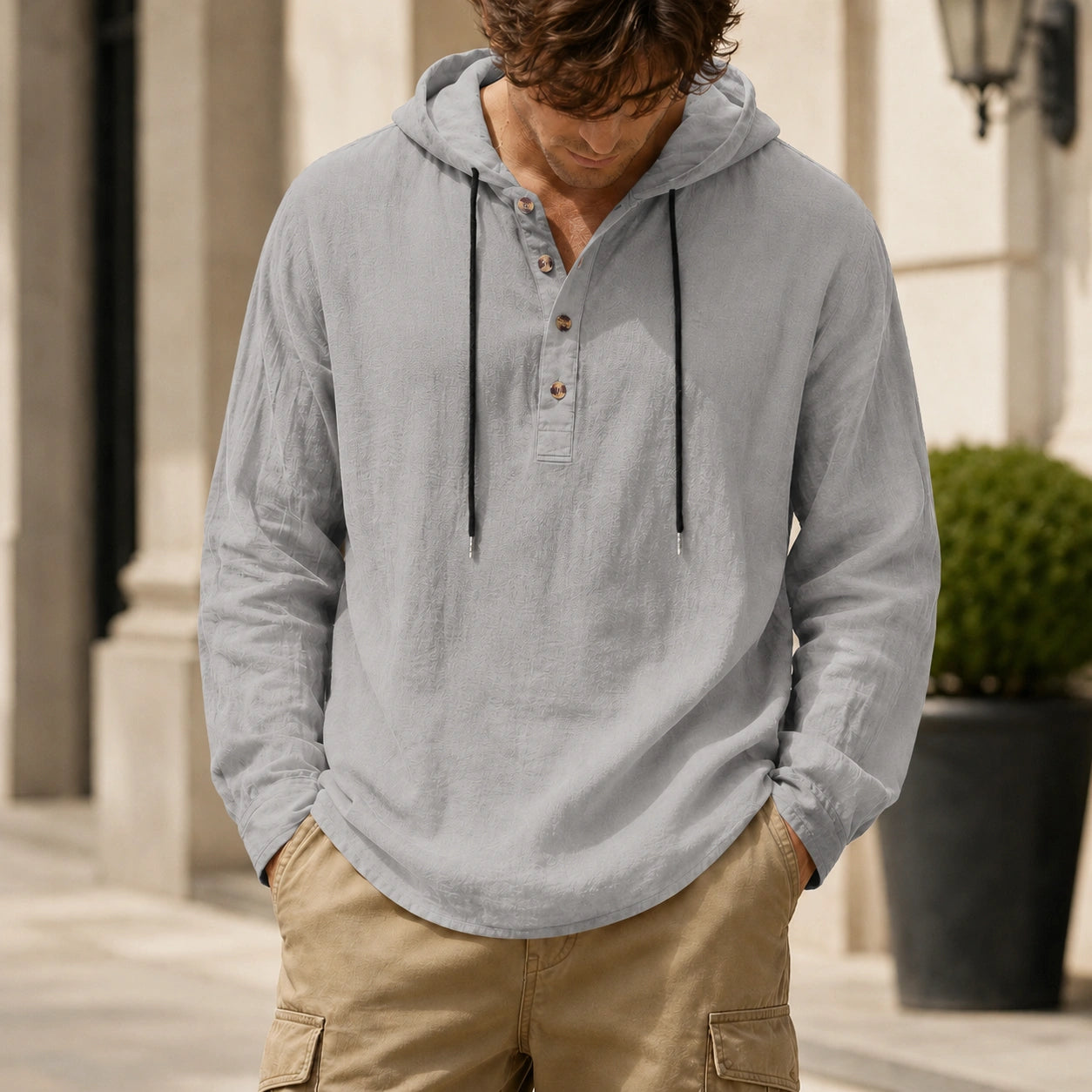 Mivanity Men's Relaxed Linen Hooded Henley Shirts