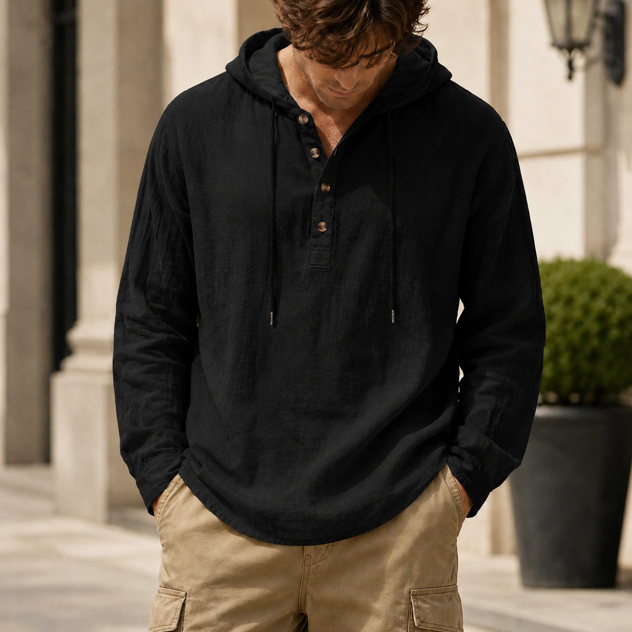 Mivanity Men's Relaxed Linen Hooded Henley Shirts