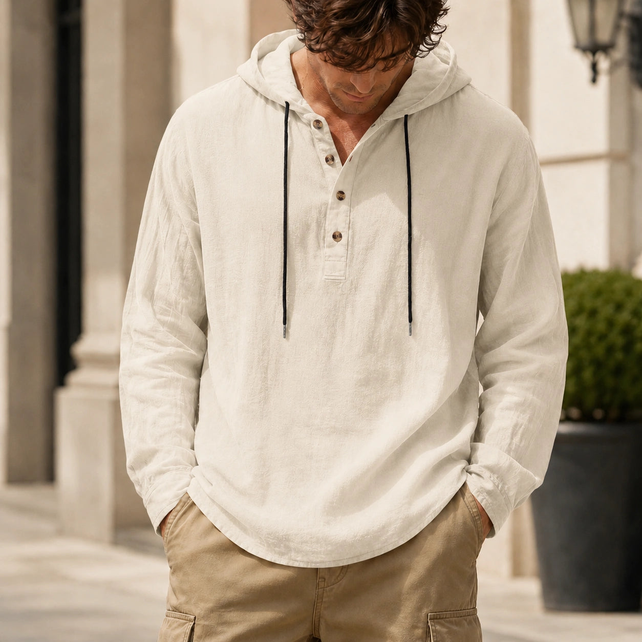 Mivanity Men's Relaxed Linen Hooded Henley Shirts