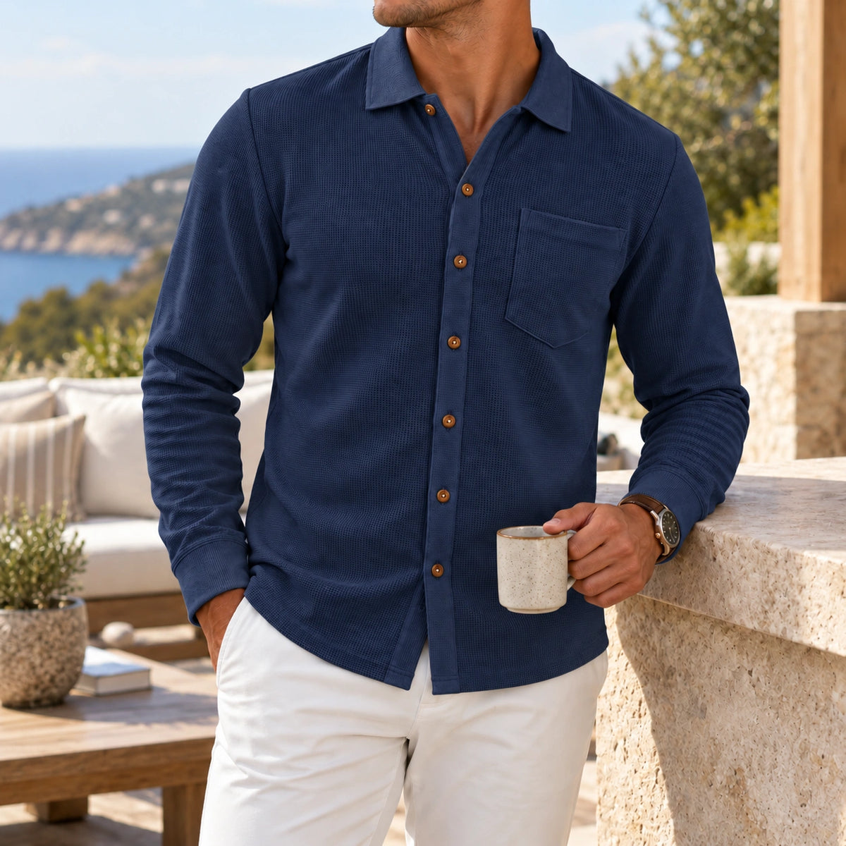 Mivanity Men's Relaxed Textured Knit Long Sleeve Button-Up Shirts
