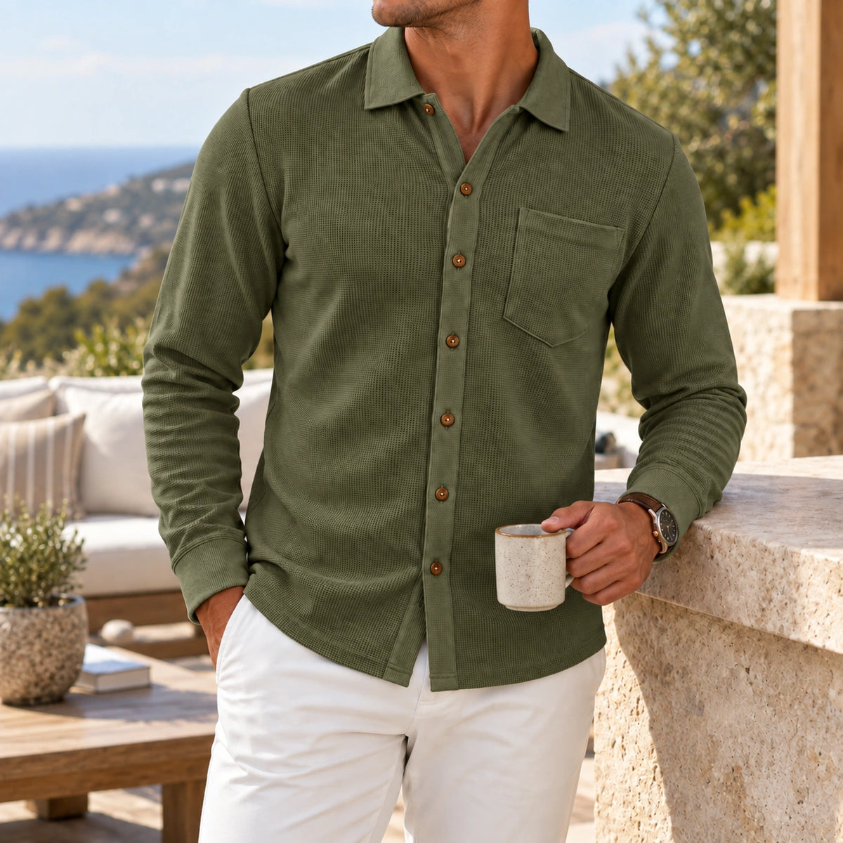 Mivanity Men's Relaxed Textured Knit Long Sleeve Button-Up Shirts
