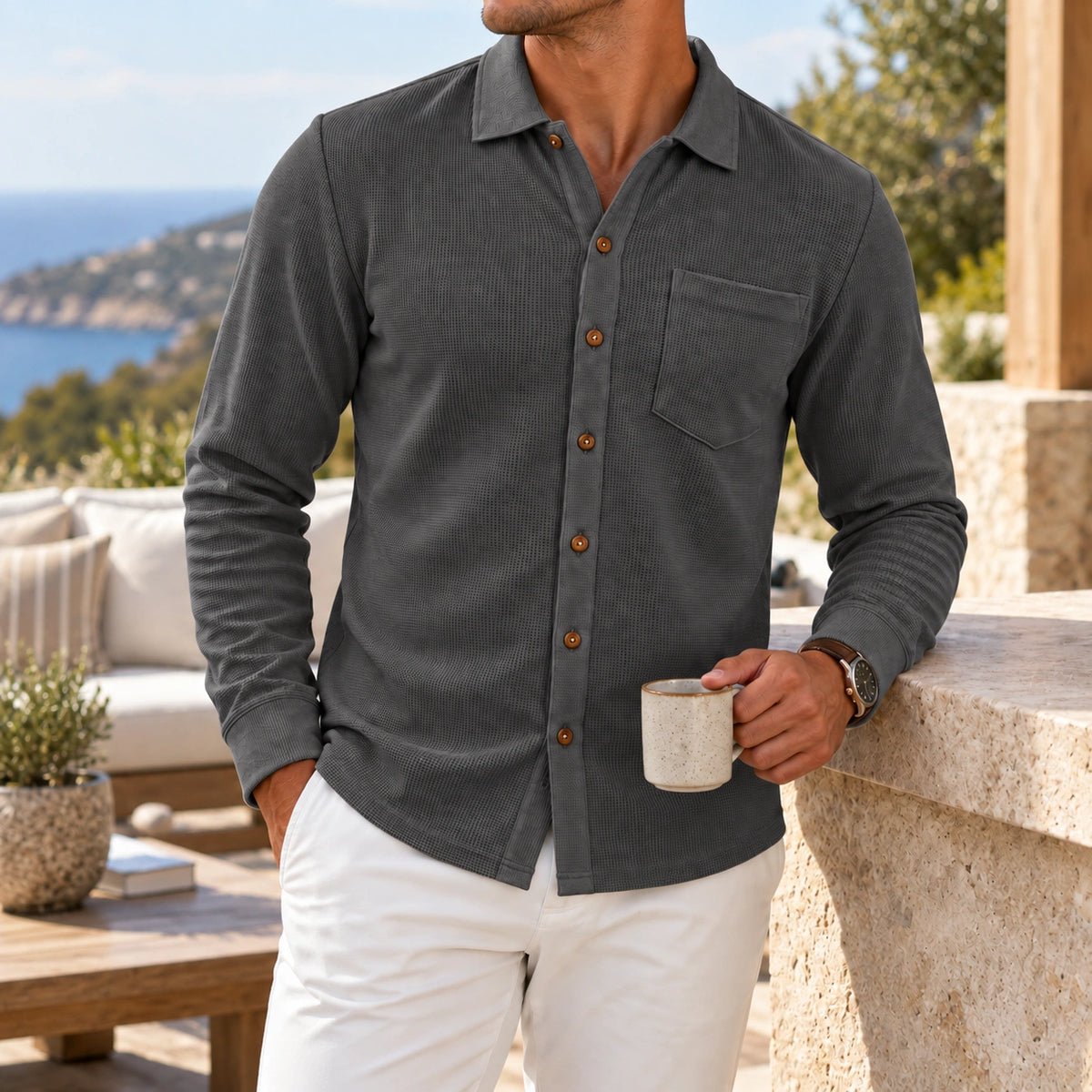 Mivanity Men's Relaxed Textured Knit Long Sleeve Button-Up Shirts