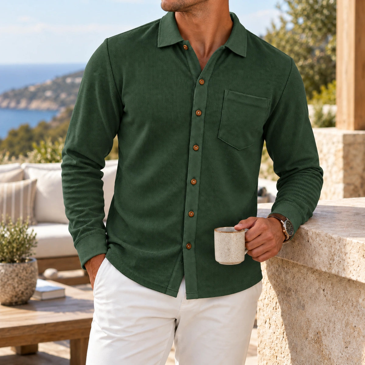 Mivanity Men's Relaxed Textured Knit Long Sleeve Button-Up Shirts