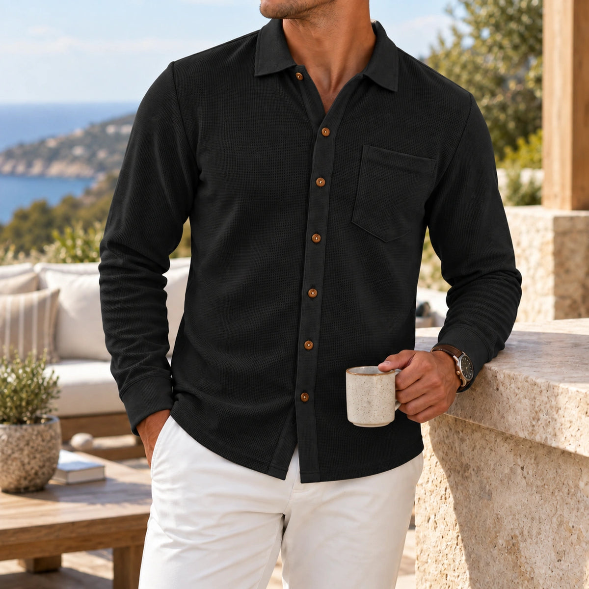 Mivanity Men's Relaxed Textured Knit Long Sleeve Button-Up Shirts
