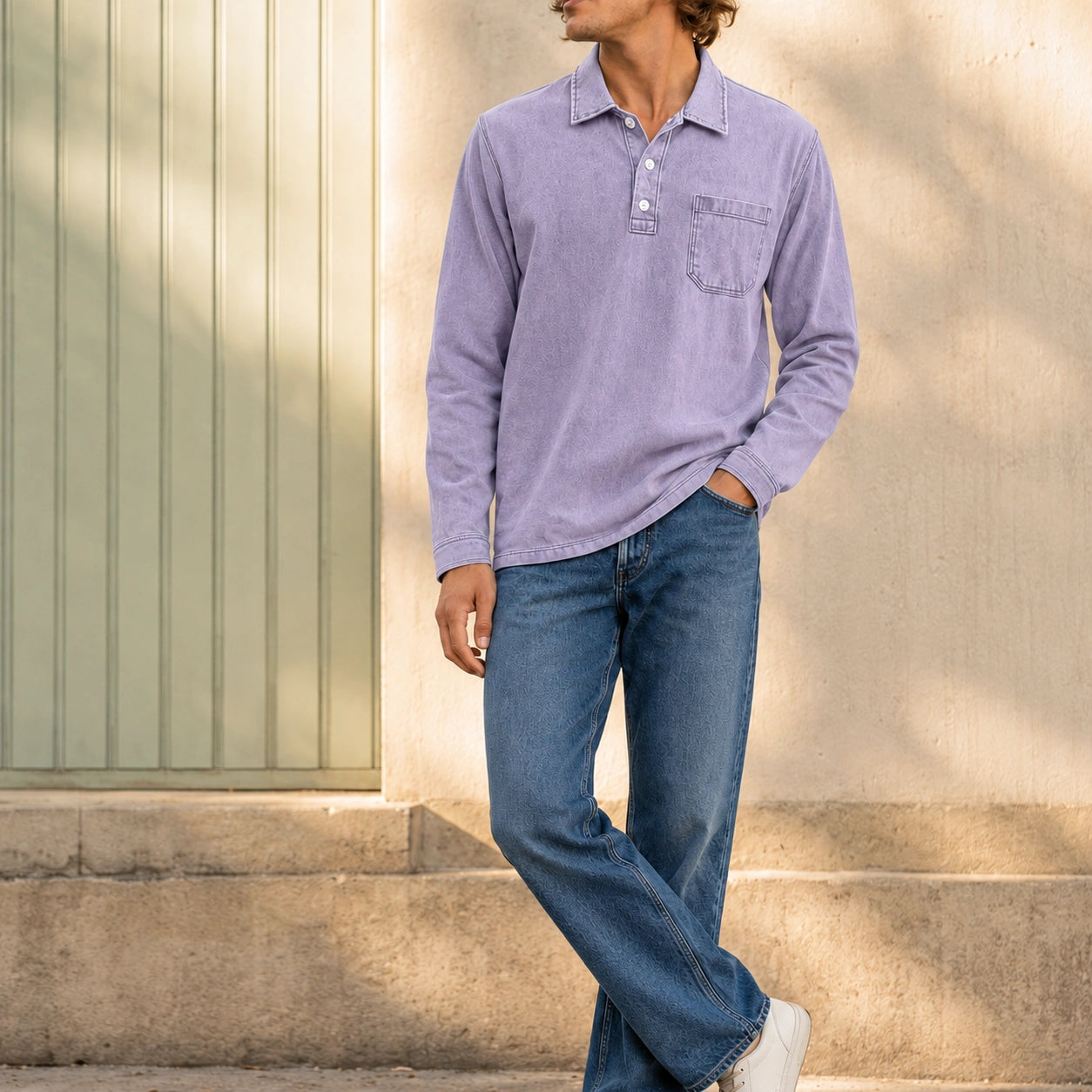 Mivanity Men's Retro-chic Distressed Pocket Lapel Long-sleeved Polo Shirt