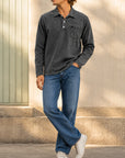 Mivanity Men's Retro-chic Distressed Pocket Lapel Long-sleeved Polo Shirt