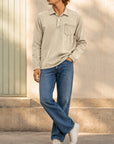 Mivanity Men's Retro-chic Distressed Pocket Lapel Long-sleeved Polo Shirt