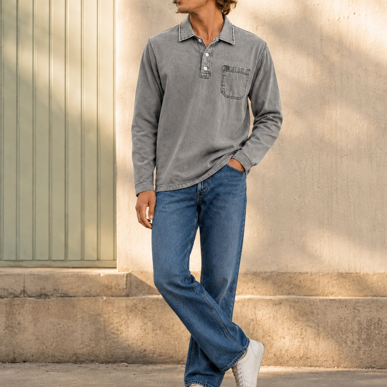 Mivanity Men's Retro-chic Distressed Pocket Lapel Long-sleeved Polo Shirt