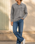 Mivanity Men's Retro-chic Distressed Pocket Lapel Long-sleeved Polo Shirt