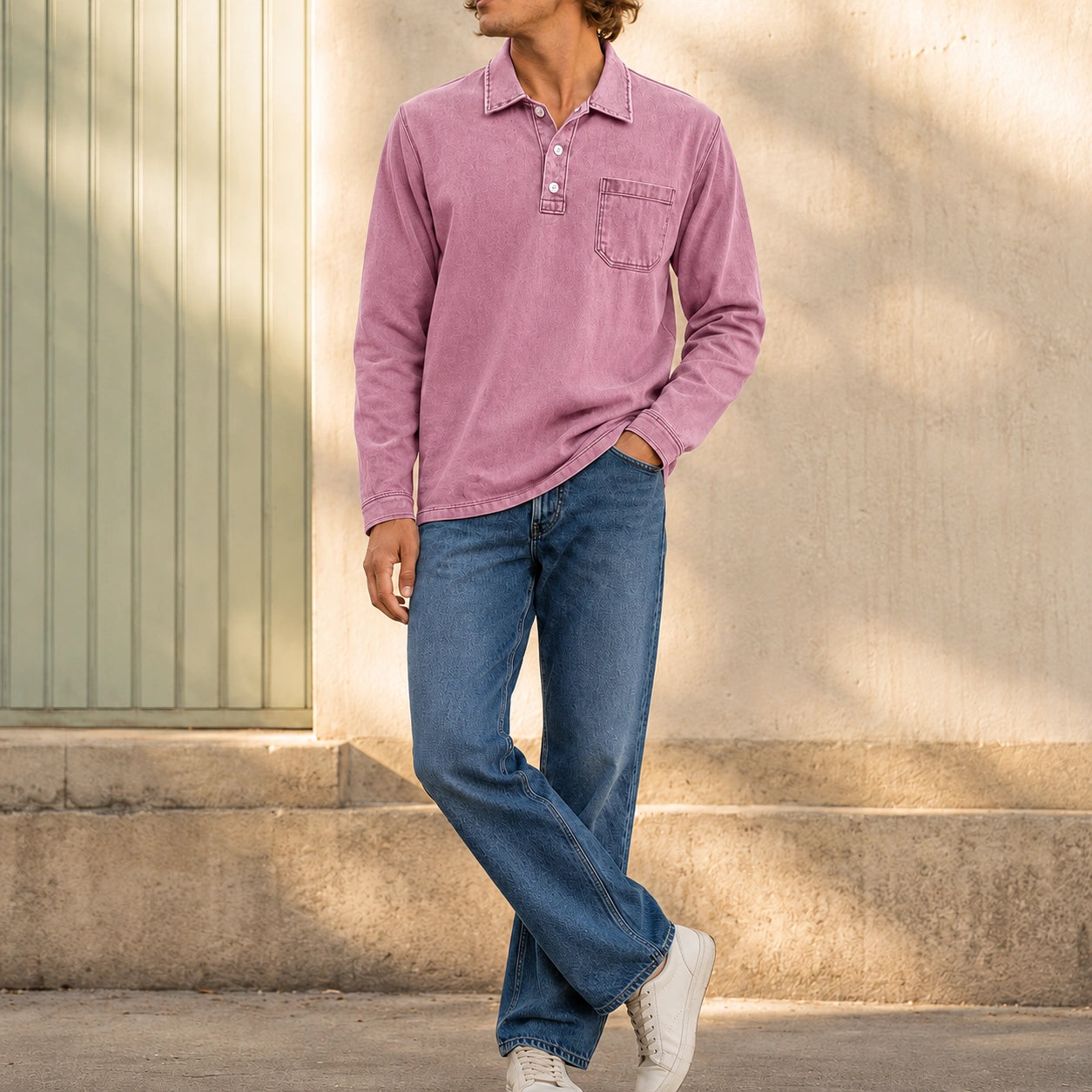 Mivanity Men's Retro-chic Distressed Pocket Lapel Long-sleeved Polo Shirt