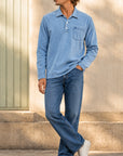 Mivanity Men's Retro-chic Distressed Pocket Lapel Long-sleeved Polo Shirt