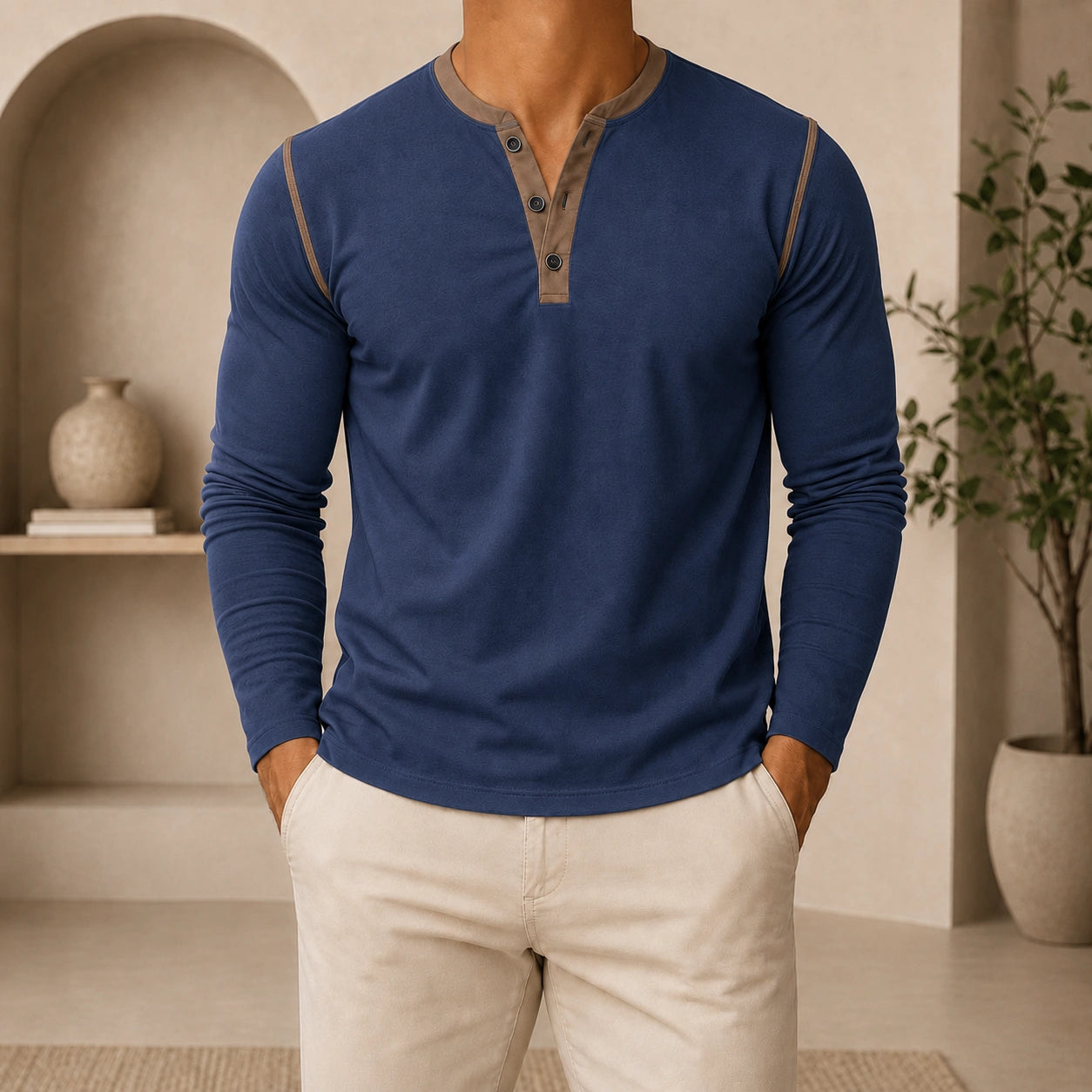 Mivanity Men's Retro 3-Button Henley Long-Sleeve T-Shirts