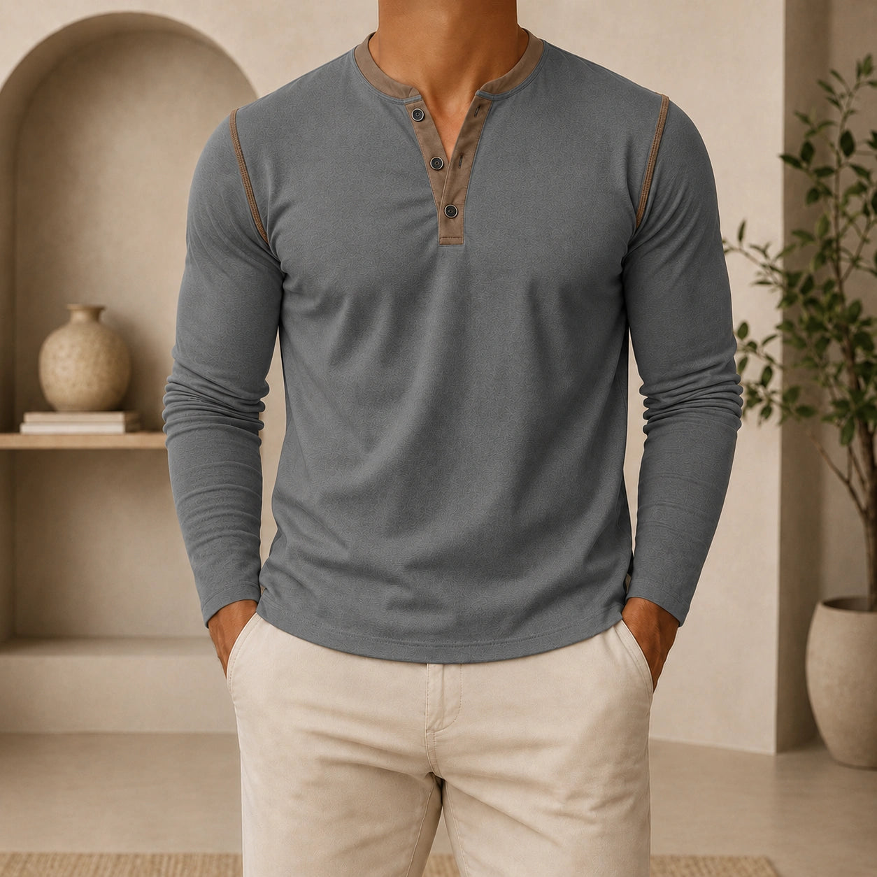 Mivanity Men's Retro 3-Button Henley Long-Sleeve T-Shirts
