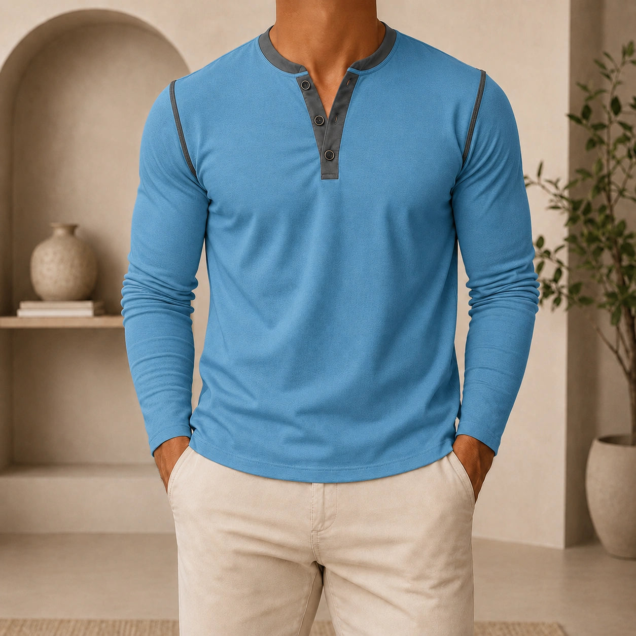 Mivanity Men's Retro 3-Button Henley Long-Sleeve T-Shirts
