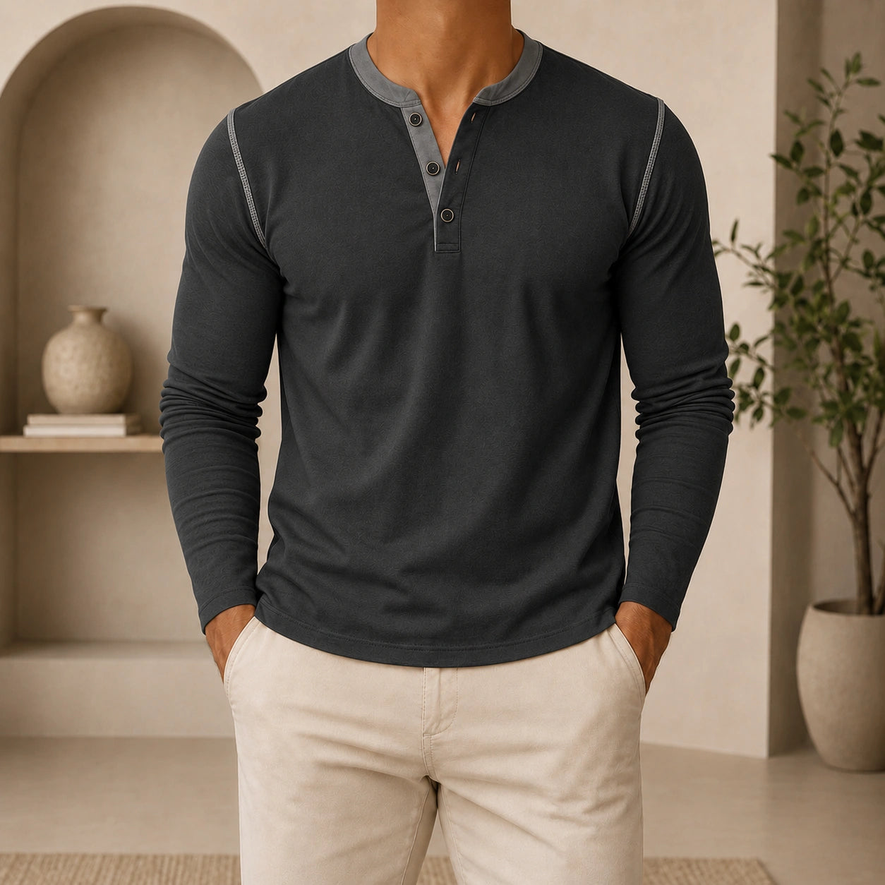 Mivanity Men's Retro 3-Button Henley Long-Sleeve T-Shirts