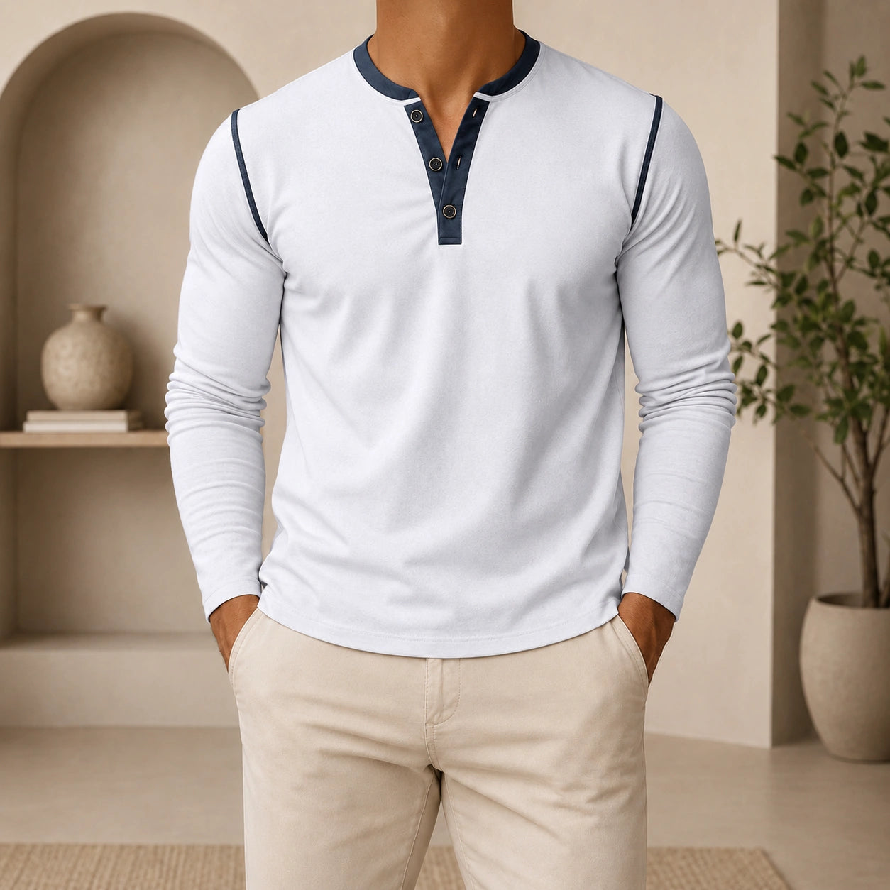 Mivanity Men's Retro 3-Button Henley Long-Sleeve T-Shirts