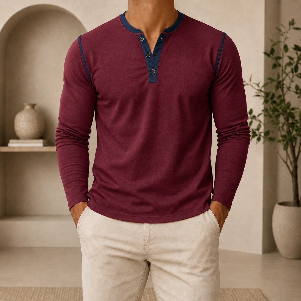 Mivanity Men's Retro 3-Button Henley Long-Sleeve T-Shirts