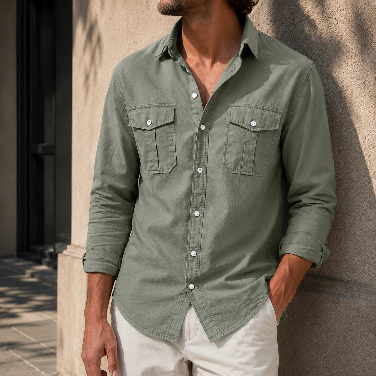 Mivanity Men's Retro Casual Solid Color Double Pocket Workwear Long Sleeve Shirts