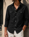 Mivanity Men's Retro Casual Solid Color Double Pocket Workwear Long Sleeve Shirts