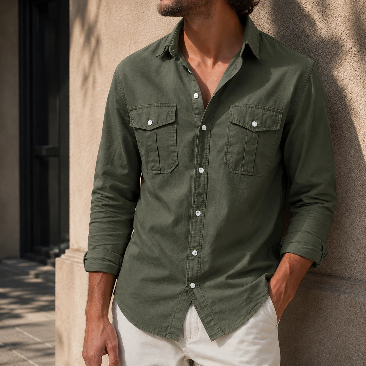 Mivanity Men's Retro Casual Solid Color Double Pocket Workwear Long Sleeve Shirts