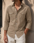 Mivanity Men's Retro Casual Solid Color Double Pocket Workwear Long Sleeve Shirts