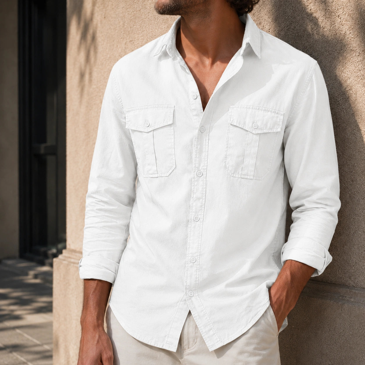 Mivanity Men's Retro Casual Solid Color Double Pocket Workwear Long Sleeve Shirts