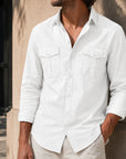 Mivanity Men's Retro Casual Solid Color Double Pocket Workwear Long Sleeve Shirts