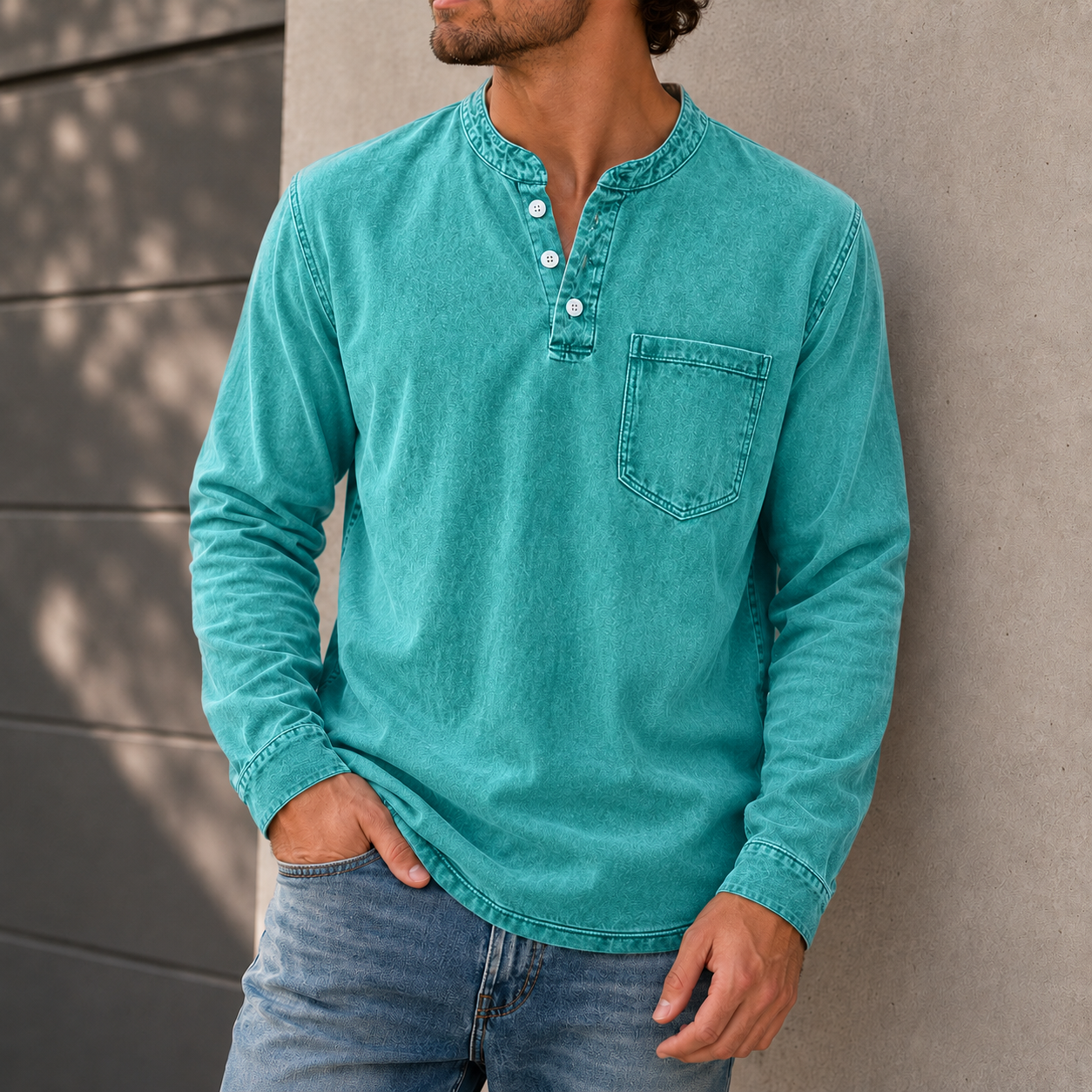 Mivanity Men's Retro Casual Solid Color Long Sleeve Henley With Shirts