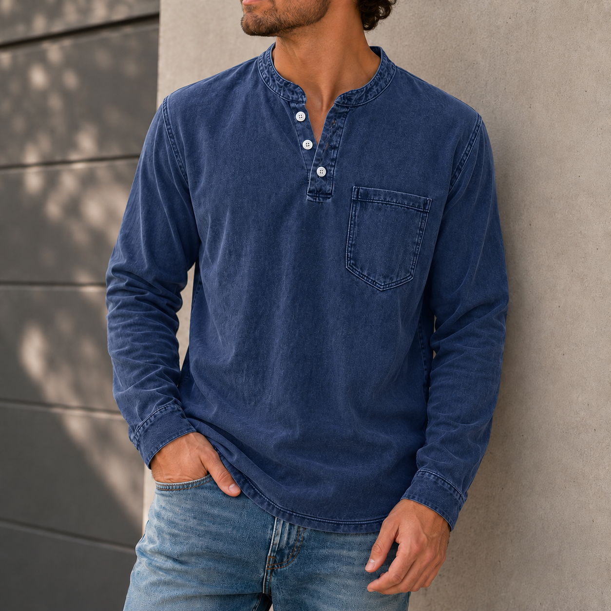 Mivanity Men's Retro Casual Solid Color Long Sleeve Henley With Shirts