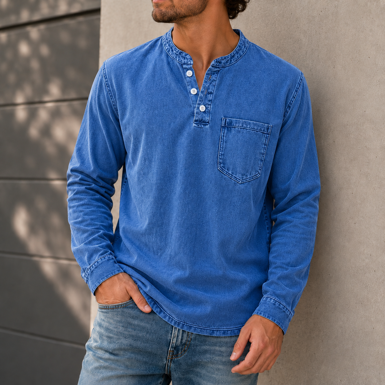 Mivanity Men's Retro Casual Solid Color Long Sleeve Henley With Shirts