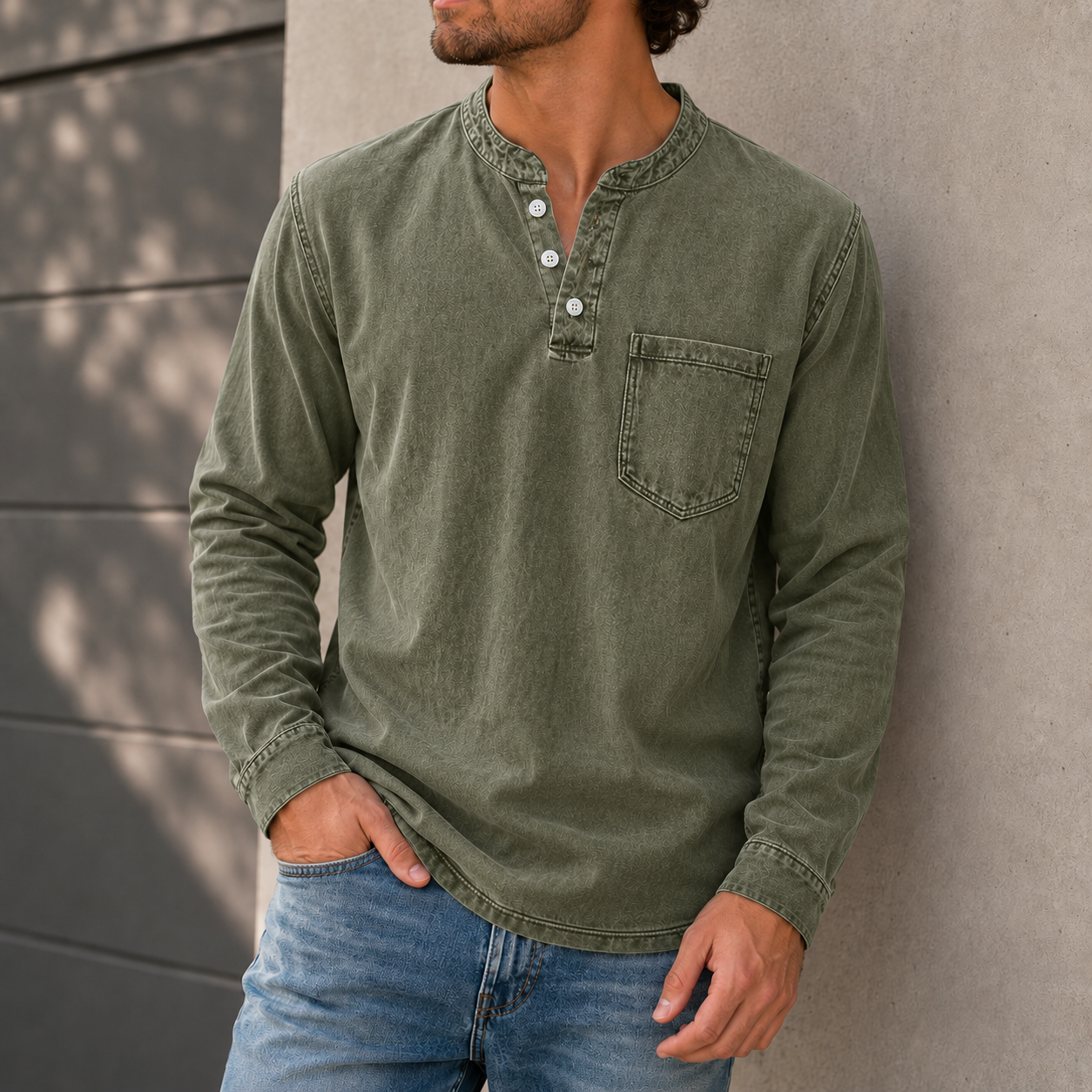 Mivanity Men's Retro Casual Solid Color Long Sleeve Henley With Shirts