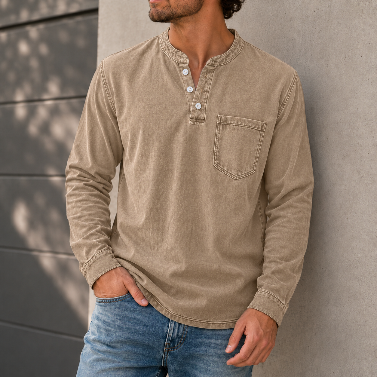 Mivanity Men's Retro Casual Solid Color Long Sleeve Henley With Shirts