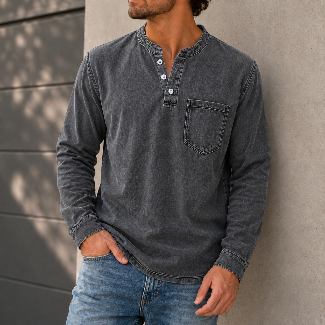 Mivanity Men's Retro Casual Solid Color Long Sleeve Henley With Shirts