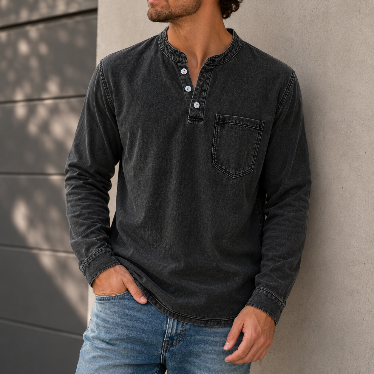 Mivanity Men's Retro Casual Solid Color Long Sleeve Henley With Shirts