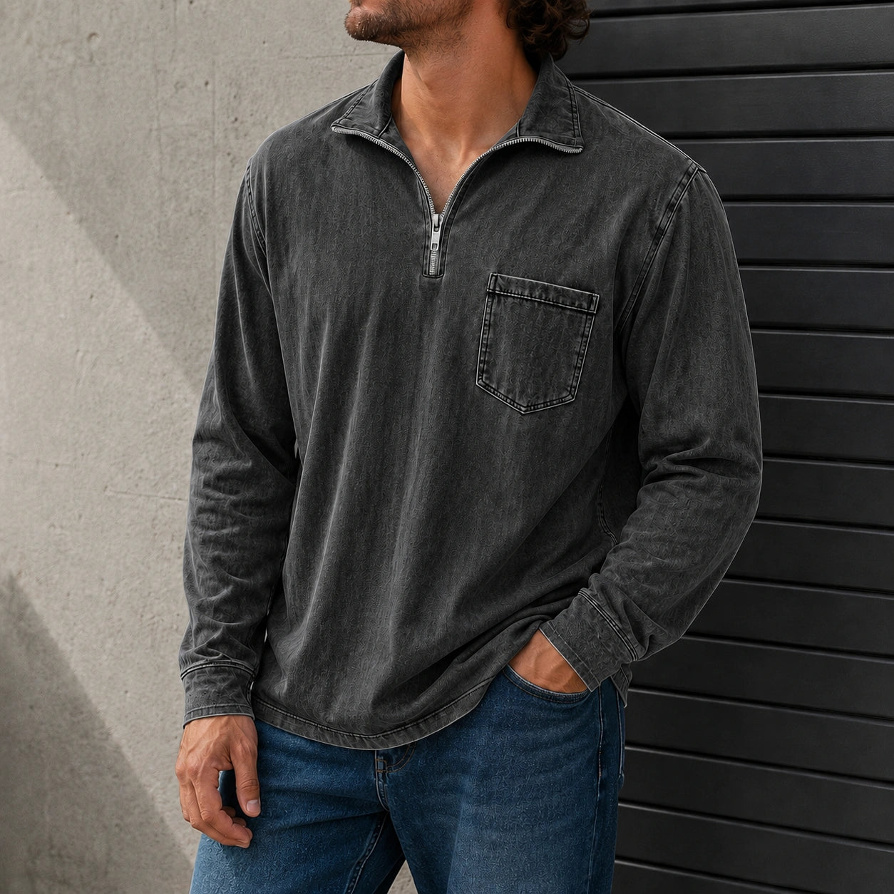 Mivanity Men's Retro Casual Stand Up Collar Zipper Pocket Distressed Long Sleeved T-shirt