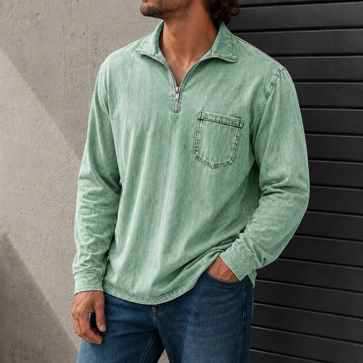Mivanity Men's Retro Casual Stand Up Collar Zipper Pocket Distressed Long Sleeved T-shirt