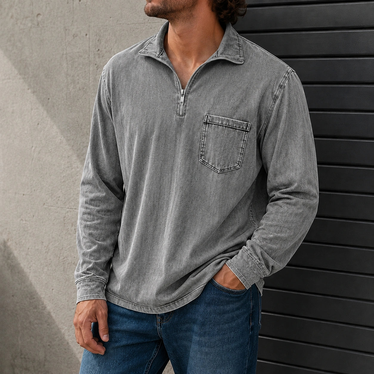 Mivanity Men's Retro Casual Stand Up Collar Zipper Pocket Distressed Long Sleeved T-shirt