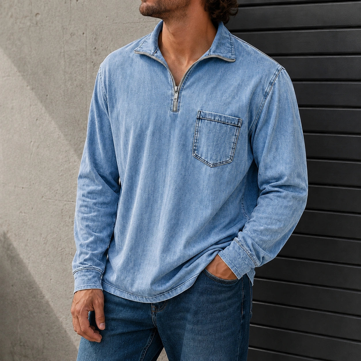 Mivanity Men's Retro Casual Stand Up Collar Zipper Pocket Distressed Long Sleeved T-shirt