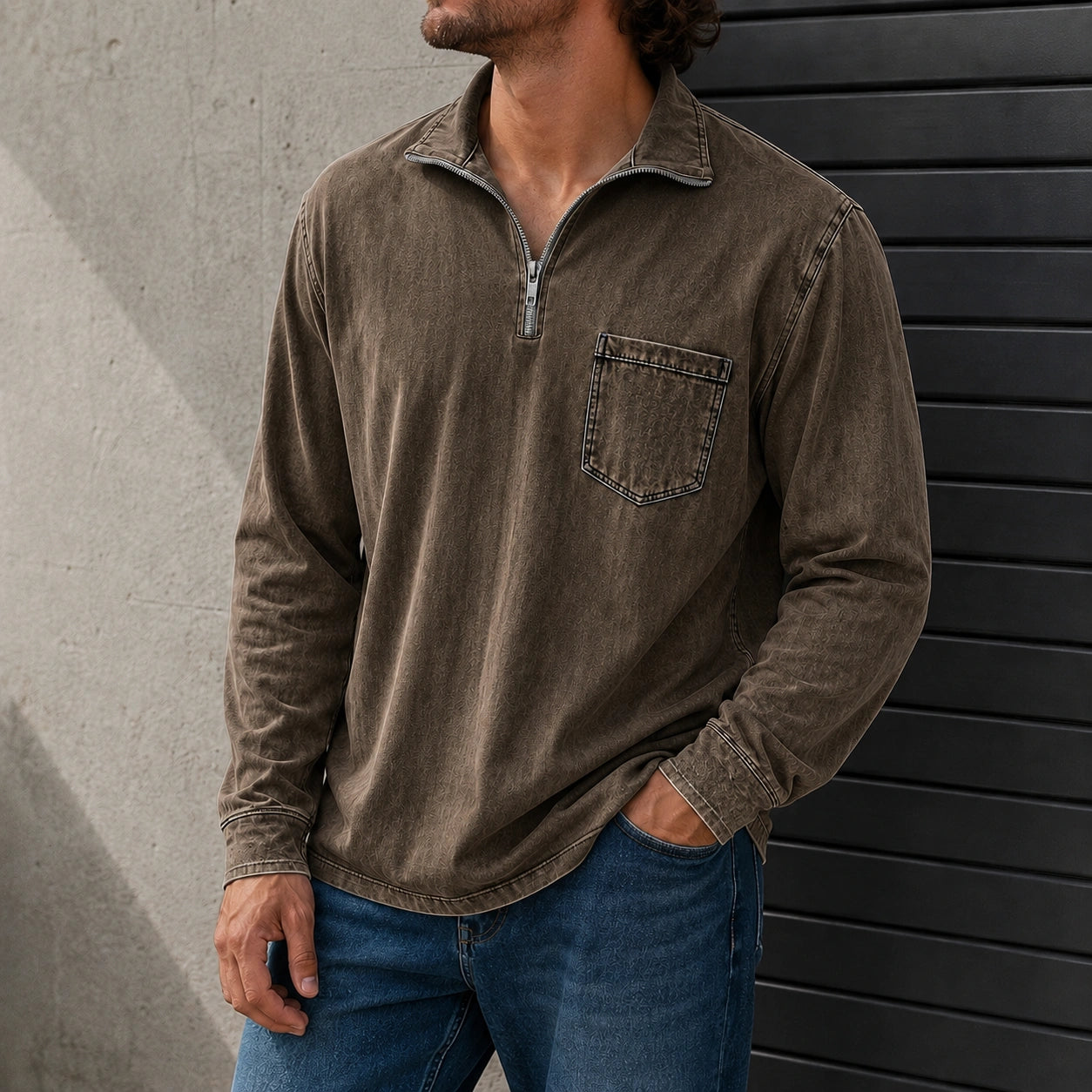 Mivanity Men's Retro Casual Stand Up Collar Zipper Pocket Distressed Long Sleeved T-shirt