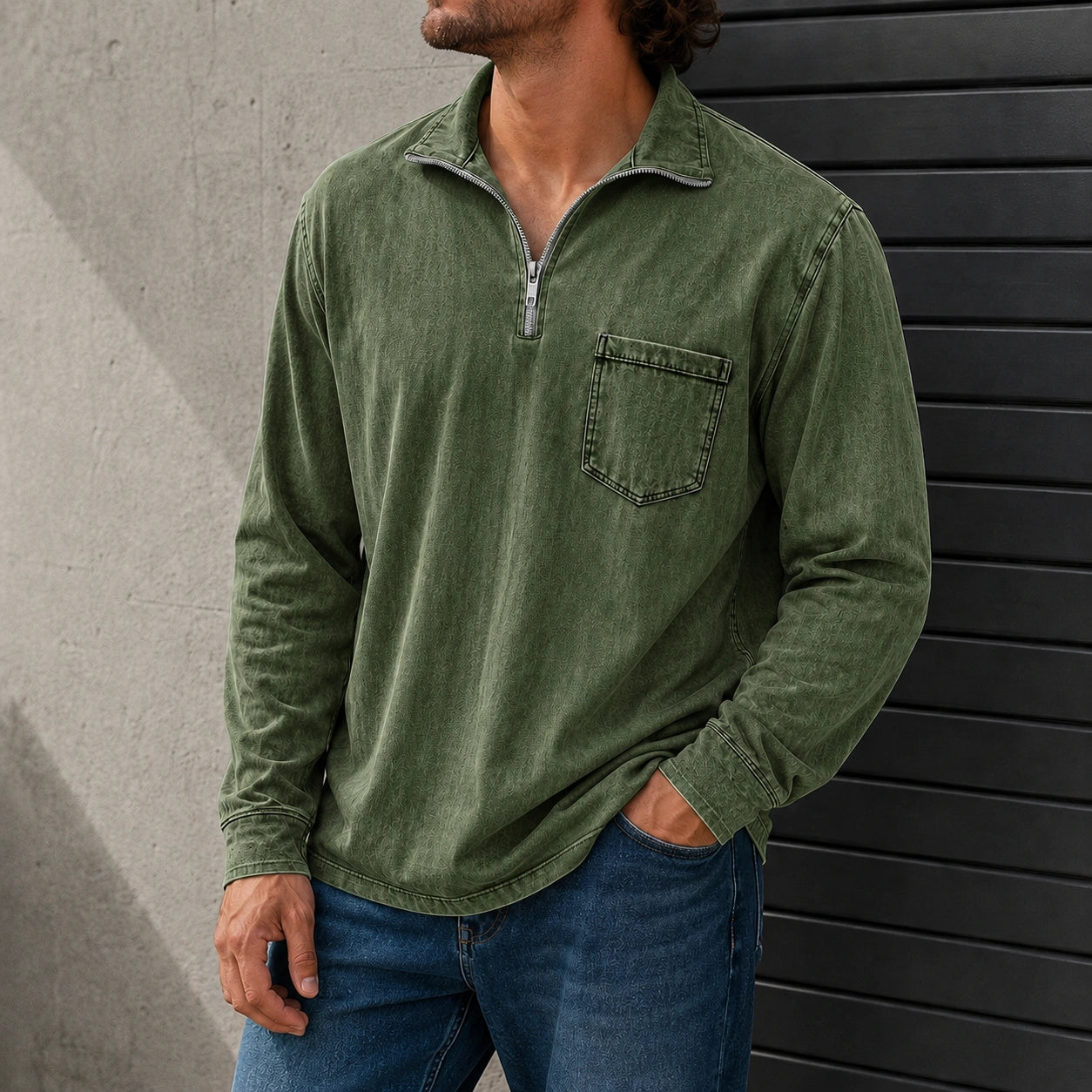 Mivanity Men's Retro Casual Stand Up Collar Zipper Pocket Distressed Long Sleeved T-shirt