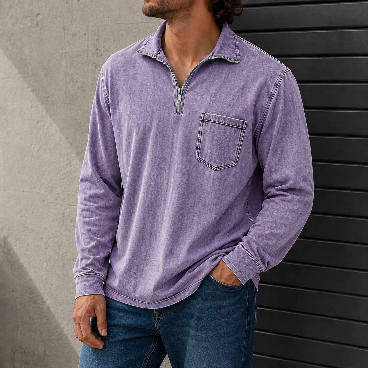 Mivanity Men's Retro Casual Stand Up Collar Zipper Pocket Distressed Long Sleeved T-shirt