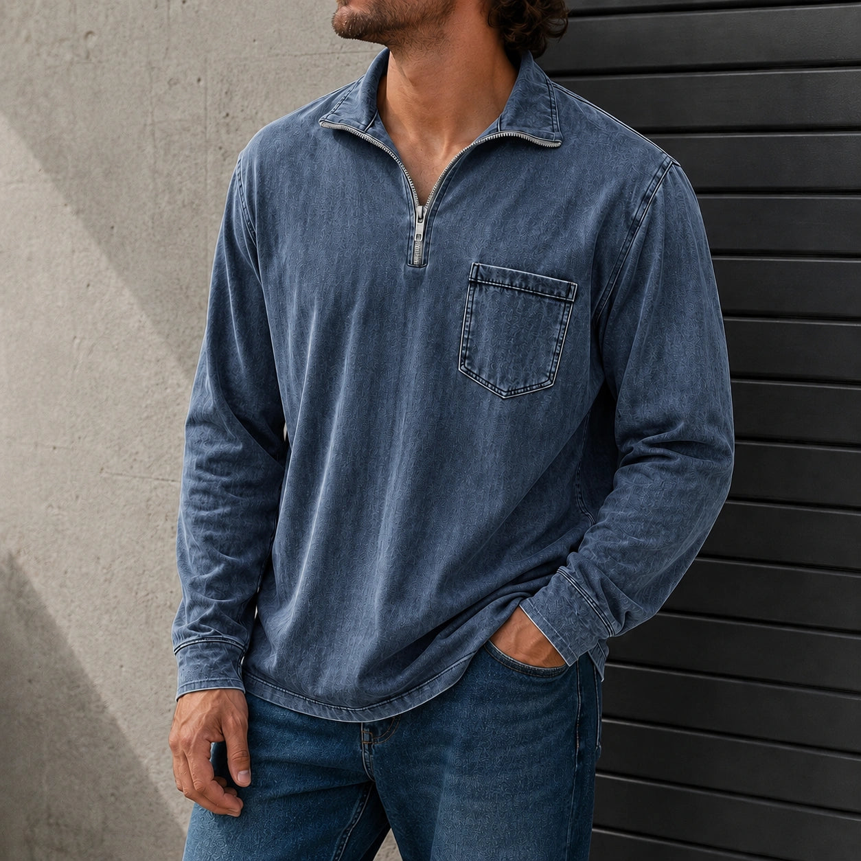 Mivanity Men's Retro Casual Stand Up Collar Zipper Pocket Distressed Long Sleeved T-shirt