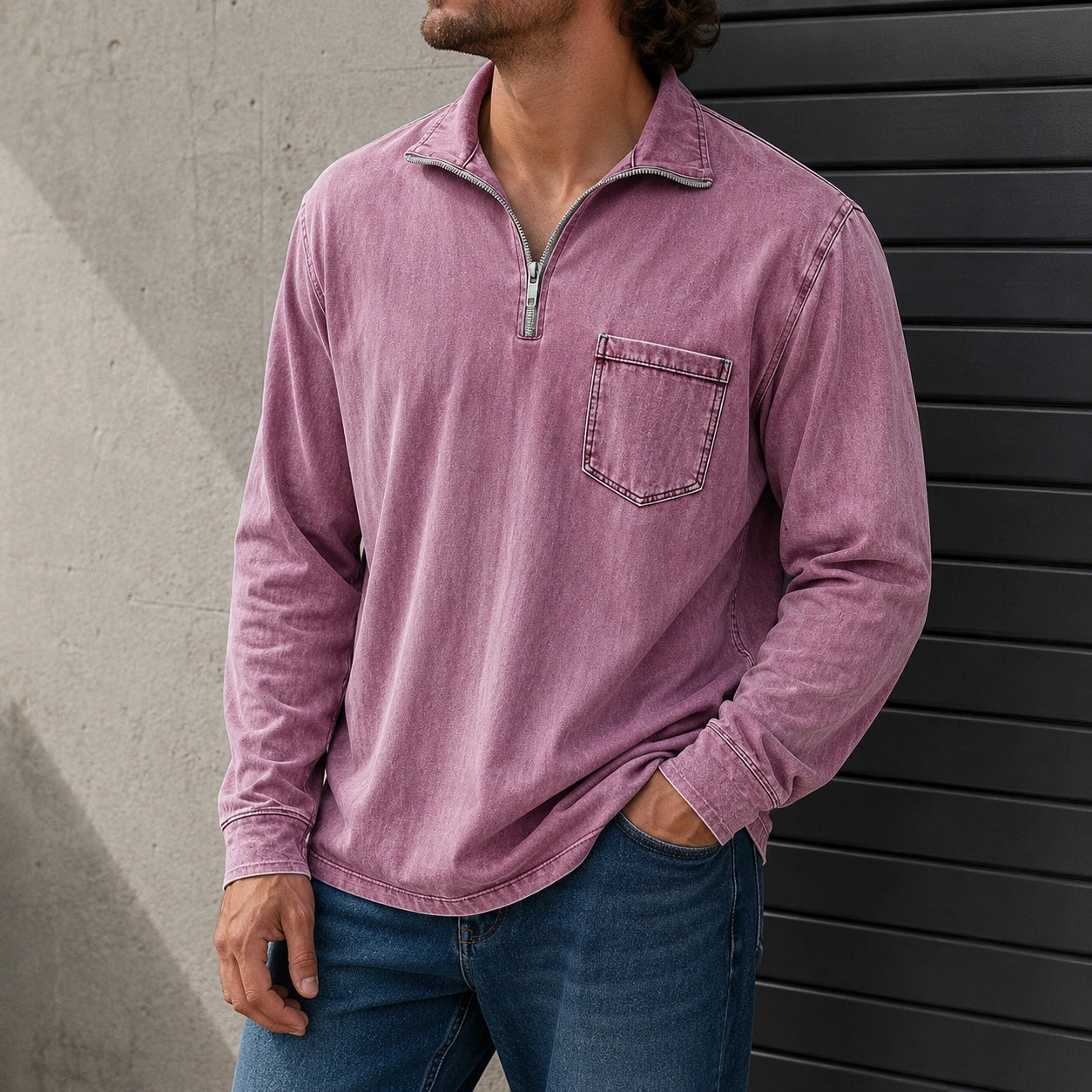 Mivanity Men's Retro Casual Stand Up Collar Zipper Pocket Distressed Long Sleeved T-shirt