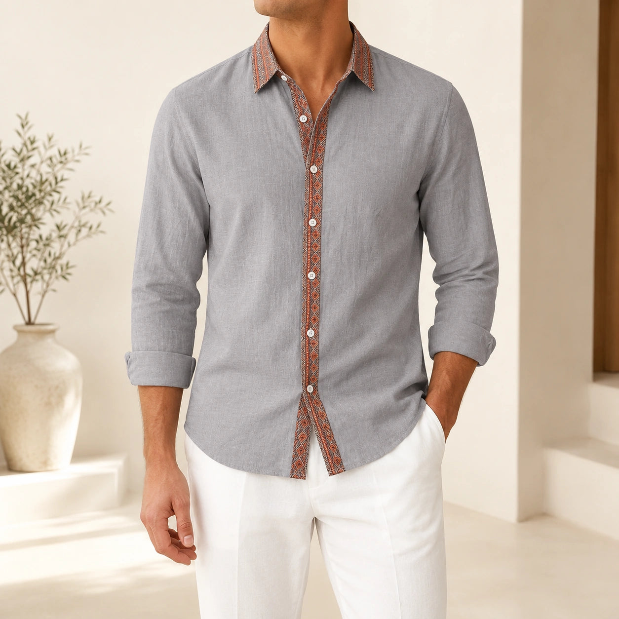 Mivanity Men's Retro Ethnic Folk Design Linen Long-Sleeve Shirts