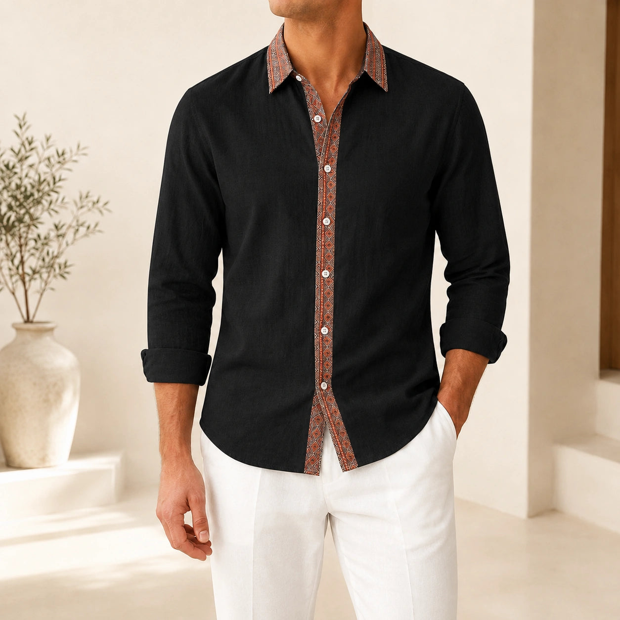 Mivanity Men's Retro Ethnic Folk Design Linen Long-Sleeve Shirts