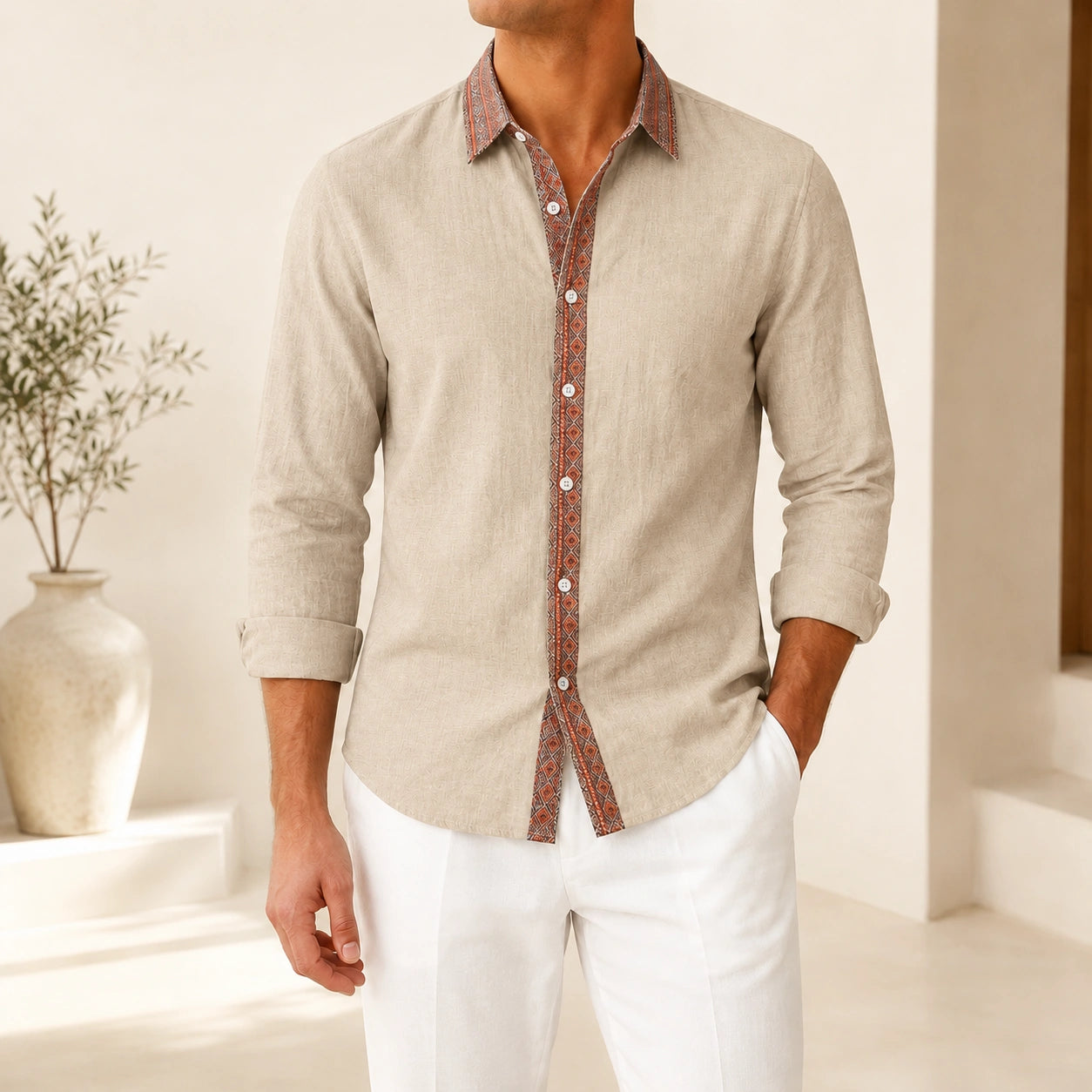 Mivanity Men's Retro Ethnic Folk Design Linen Long-Sleeve Shirts