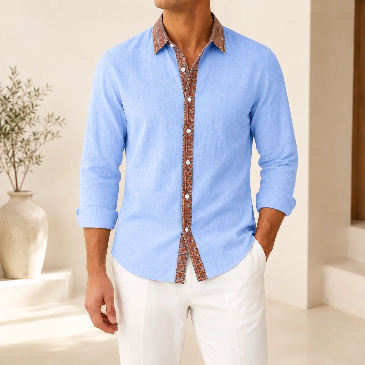 Mivanity Men's Retro Ethnic Folk Design Linen Long-Sleeve Shirts
